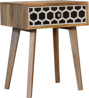 Tapered Bone Inlay Bedside Table | Solid Mango Wood | Oak Finish | Drawer & Shelf