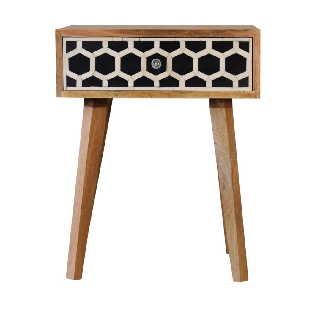 Tapered Bone Inlay Bedside Table | Solid Mango Wood | Oak Finish | Drawer & Shelf