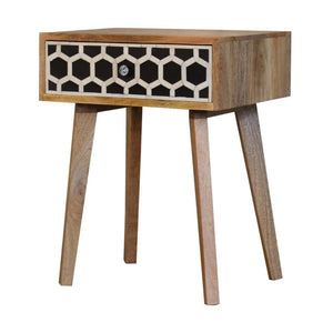 Tapered Bone Inlay Bedside Table | Solid Mango Wood | Oak Finish | Drawer & Shelf