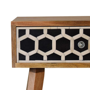 Tapered Bone Inlay Bedside Table | Solid Mango Wood | Oak Finish | Drawer & Shelf