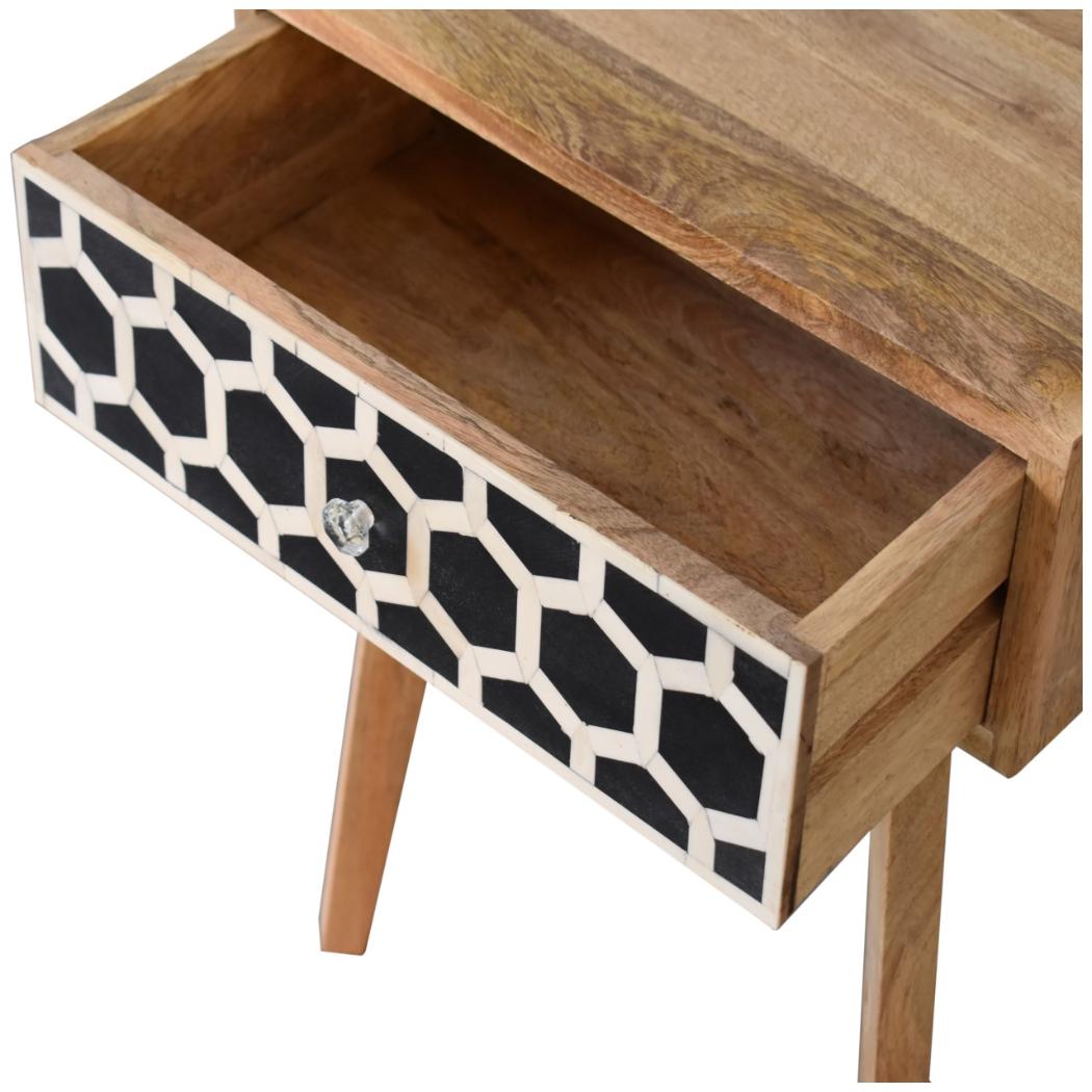 Tapered Bone Inlay Bedside Table | Solid Mango Wood | Oak Finish | Drawer & Shelf