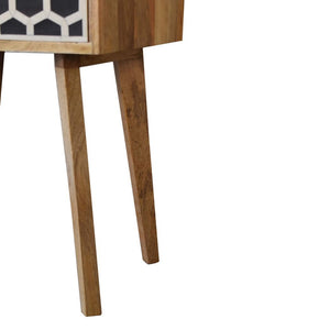 Tapered Bone Inlay Bedside Table | Solid Mango Wood | Oak Finish | Drawer & Shelf