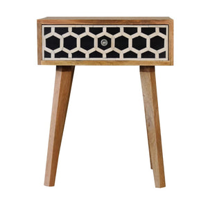 Tapered Bone Inlay Bedside Table | Solid Mango Wood | Oak Finish | Drawer & Shelf