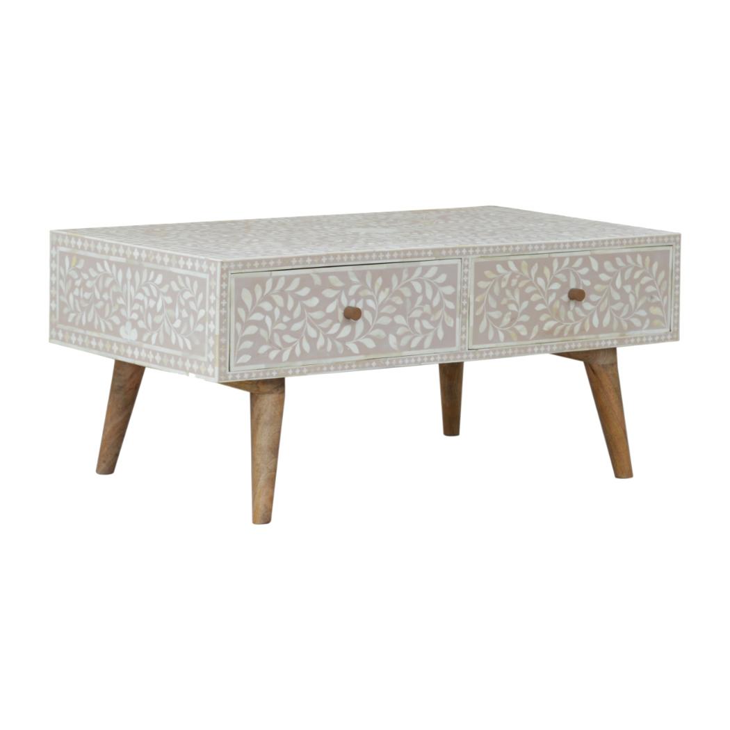 Taupe Floral Bone Coffee Table | Decorative Pattern | Statement Living Room Table