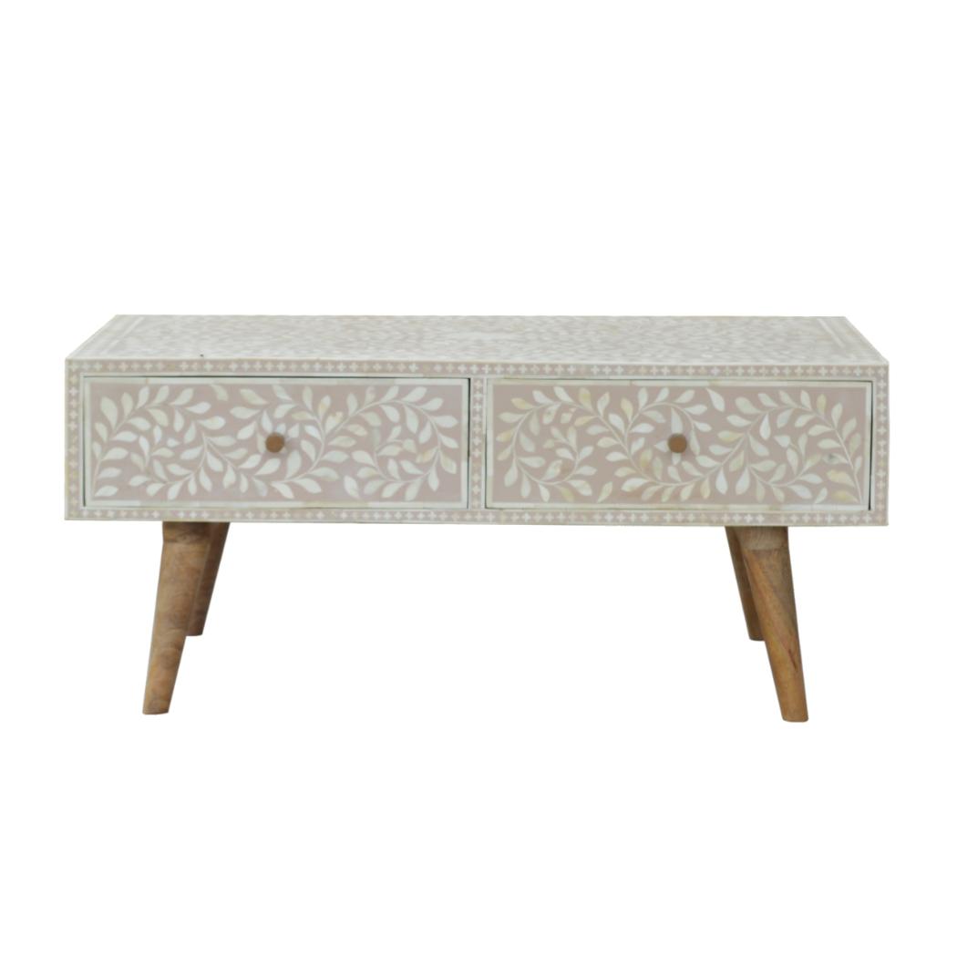 Taupe Floral Bone Coffee Table | Decorative Pattern | Statement Living Room Table