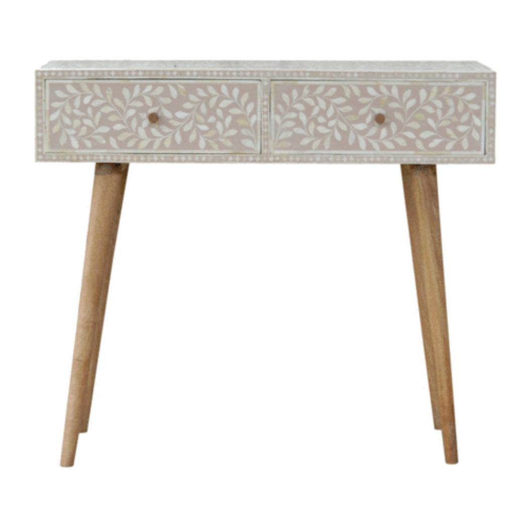 Taupe Floral Bone Inlay Console Table | Solid Mango Wood | Handcrafted Hallway Furniture