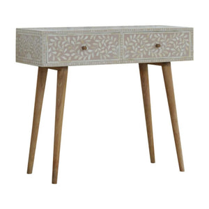 Taupe Floral Bone Inlay Console Table | Solid Mango Wood | Handcrafted Hallway Furniture