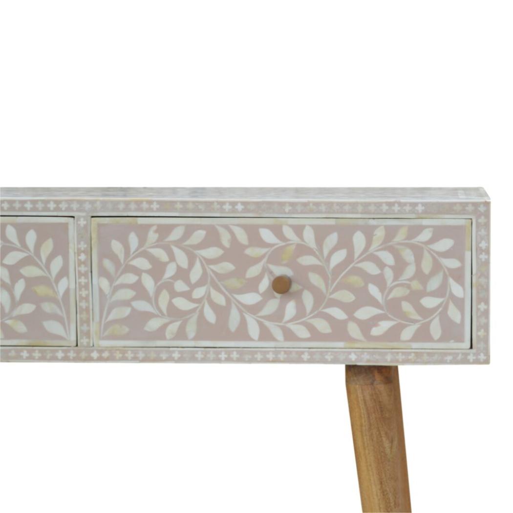 Taupe Floral Bone Inlay Console Table | Solid Mango Wood | Handcrafted Hallway Furniture