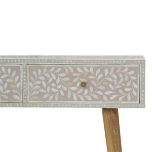 Taupe Floral Bone Inlay Console Table | Solid Mango Wood | Handcrafted Hallway Furniture