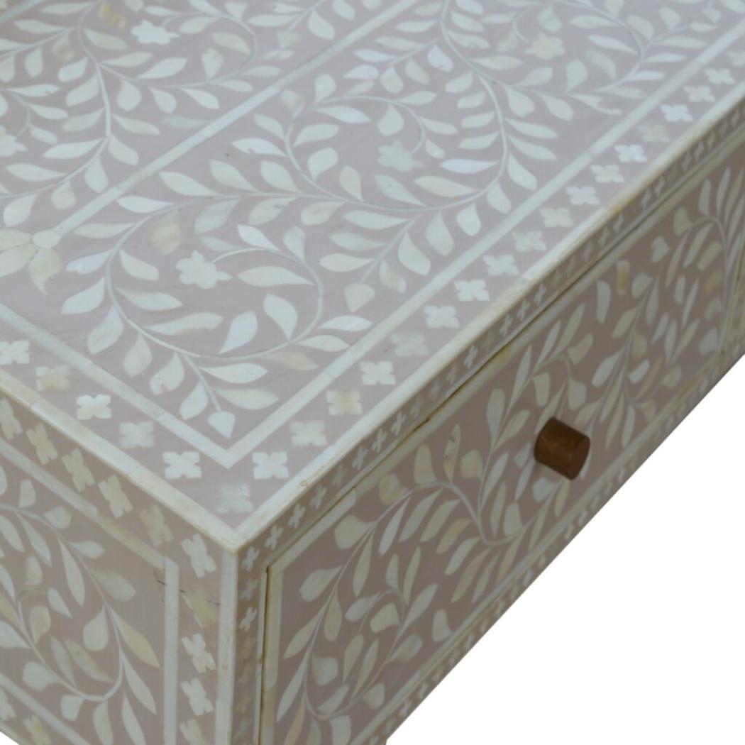 Taupe Floral Bone Inlay Console Table | Solid Mango Wood | Handcrafted Hallway Furniture