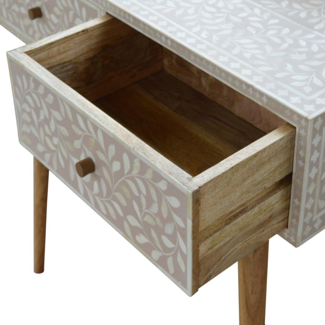 Taupe Floral Bone Inlay Console Table | Solid Mango Wood | Handcrafted Hallway Furniture