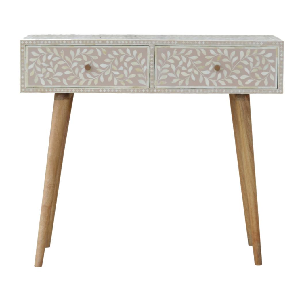 Taupe Floral Bone Inlay Console Table | Solid Mango Wood | Handcrafted Hallway Furniture