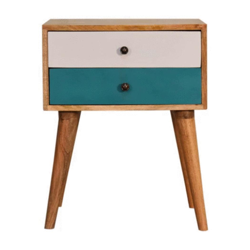 Teal Duo Bedside Table | Solid Mango Wood | Oak Finish | 2 Drawers
