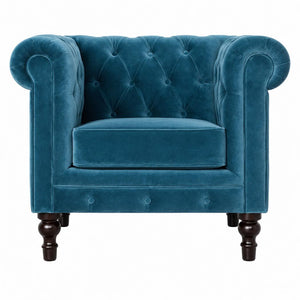 Teal Velvet Chesterfield Armchair | Solid Mango Wood Frame | Classic Accent Seating