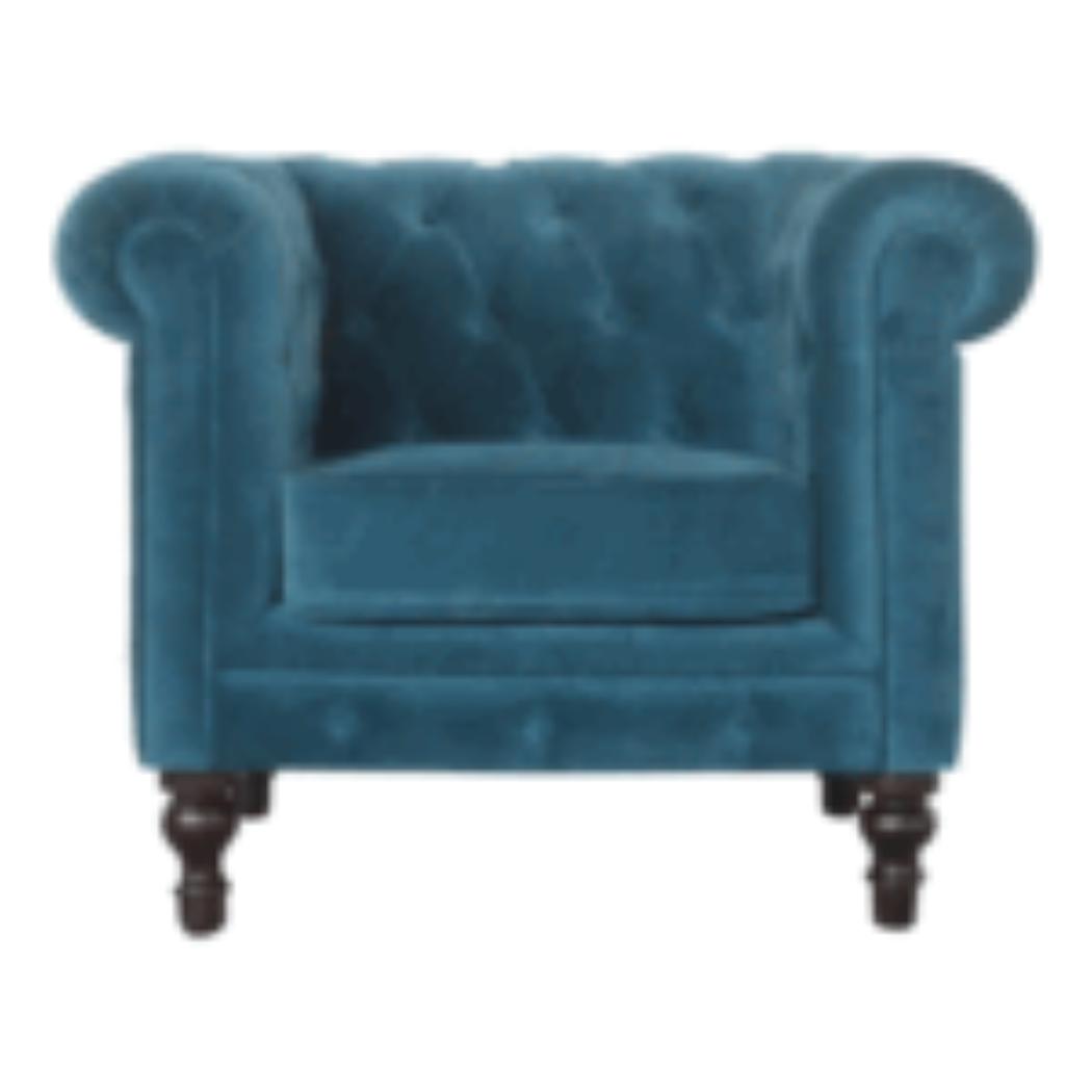 Teal Velvet Chesterfield Armchair | Solid Mango Wood Frame | Classic Accent Seating