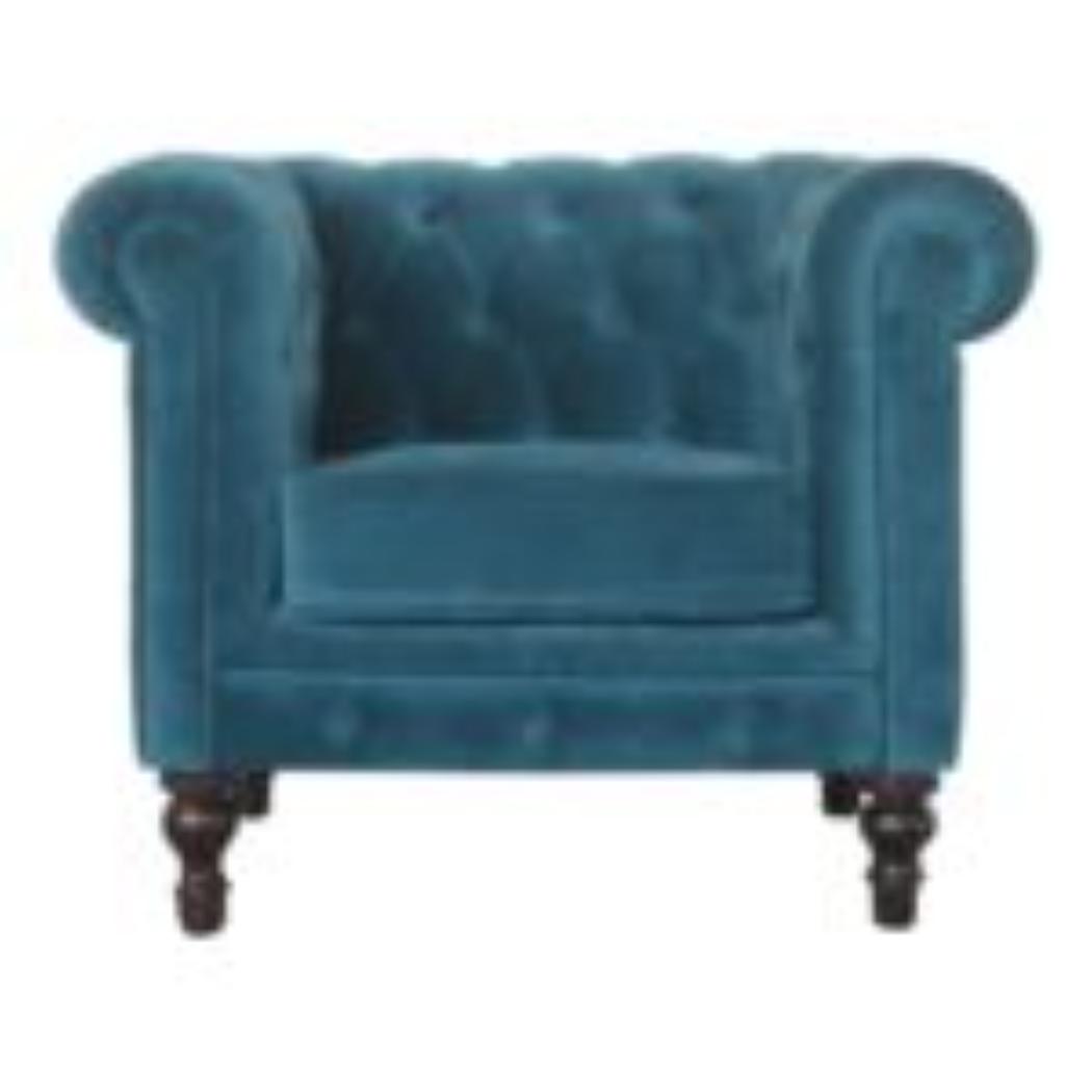 Teal Velvet Chesterfield Armchair | Solid Mango Wood Frame | Classic Accent Seating