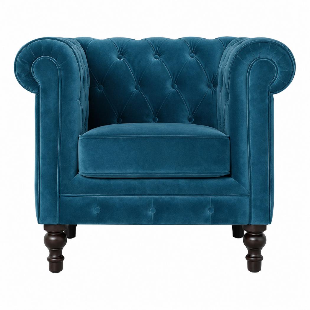 Teal Velvet Chesterfield Armchair | Solid Mango Wood Frame | Classic Accent Seating