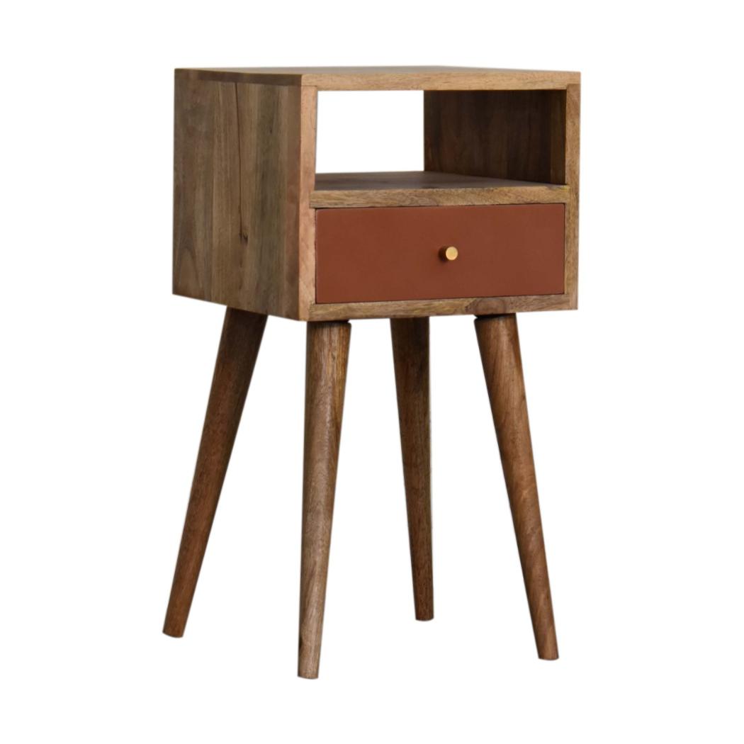 Terracotta Mini Bedside Table | Solid Mango Wood | Brick Red Drawer | Oak Finish