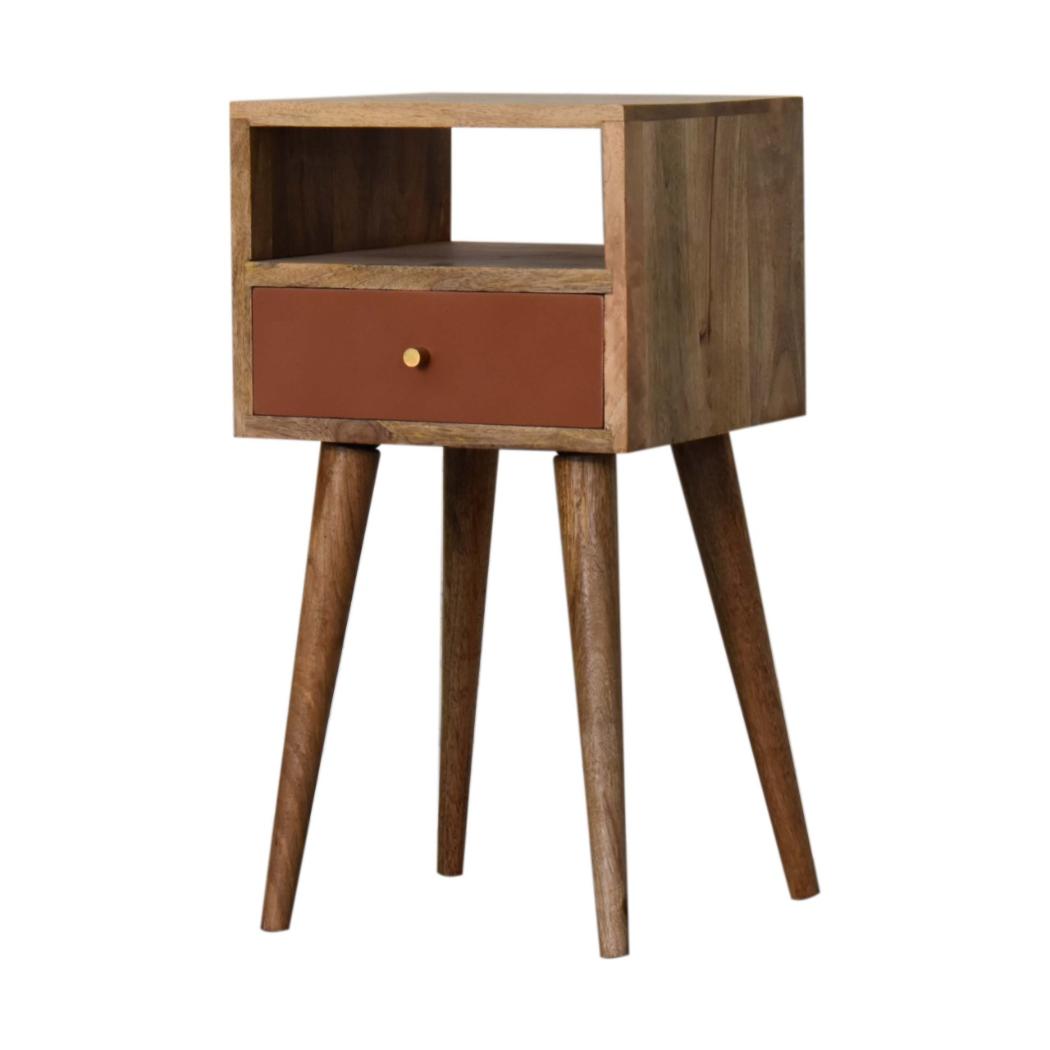 Terracotta Mini Bedside Table | Solid Mango Wood | Brick Red Drawer | Oak Finish