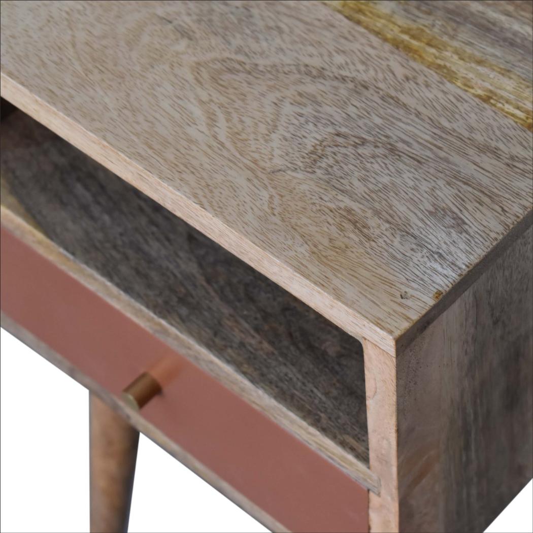 Terracotta Mini Bedside Table | Solid Mango Wood | Brick Red Drawer | Oak Finish