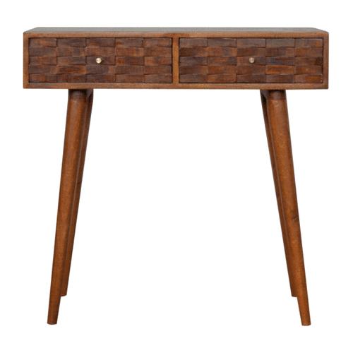Tile Carved Console Table | Solid Mango Wood | Chestnut Finish | Hallway Storage