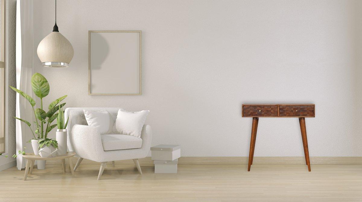 Tile Carved Console Table | Solid Mango Wood | Chestnut Finish | Hallway Storage