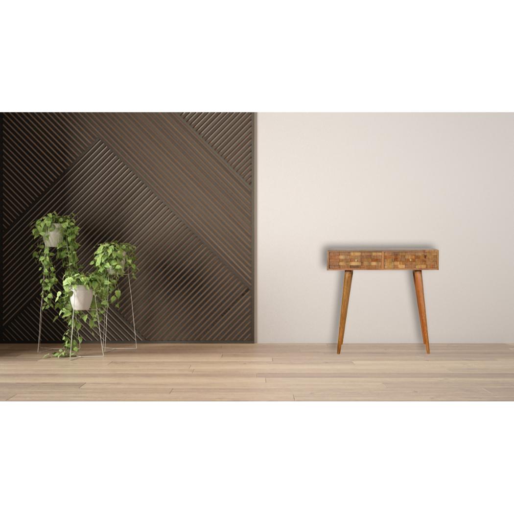 Tile Carved Console Table | Solid Mango Wood | Natural Finish | Hallway Display Table