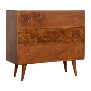 Tile Carved Storage Chest | Solid Mango Wood | Chestnut Finish | Artisan Drawer Cabinet