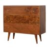 Tile Carved Storage Chest | Solid Mango Wood | Chestnut Finish | Artisan Drawer Cabinet