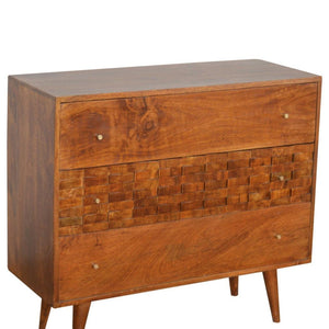 Tile Carved Storage Chest | Solid Mango Wood | Chestnut Finish | Artisan Drawer Cabinet
