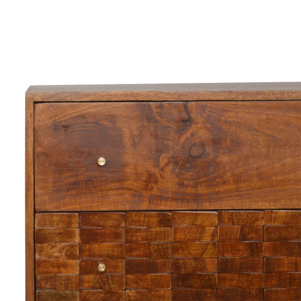 Tile Carved Storage Chest | Solid Mango Wood | Chestnut Finish | Artisan Drawer Cabinet