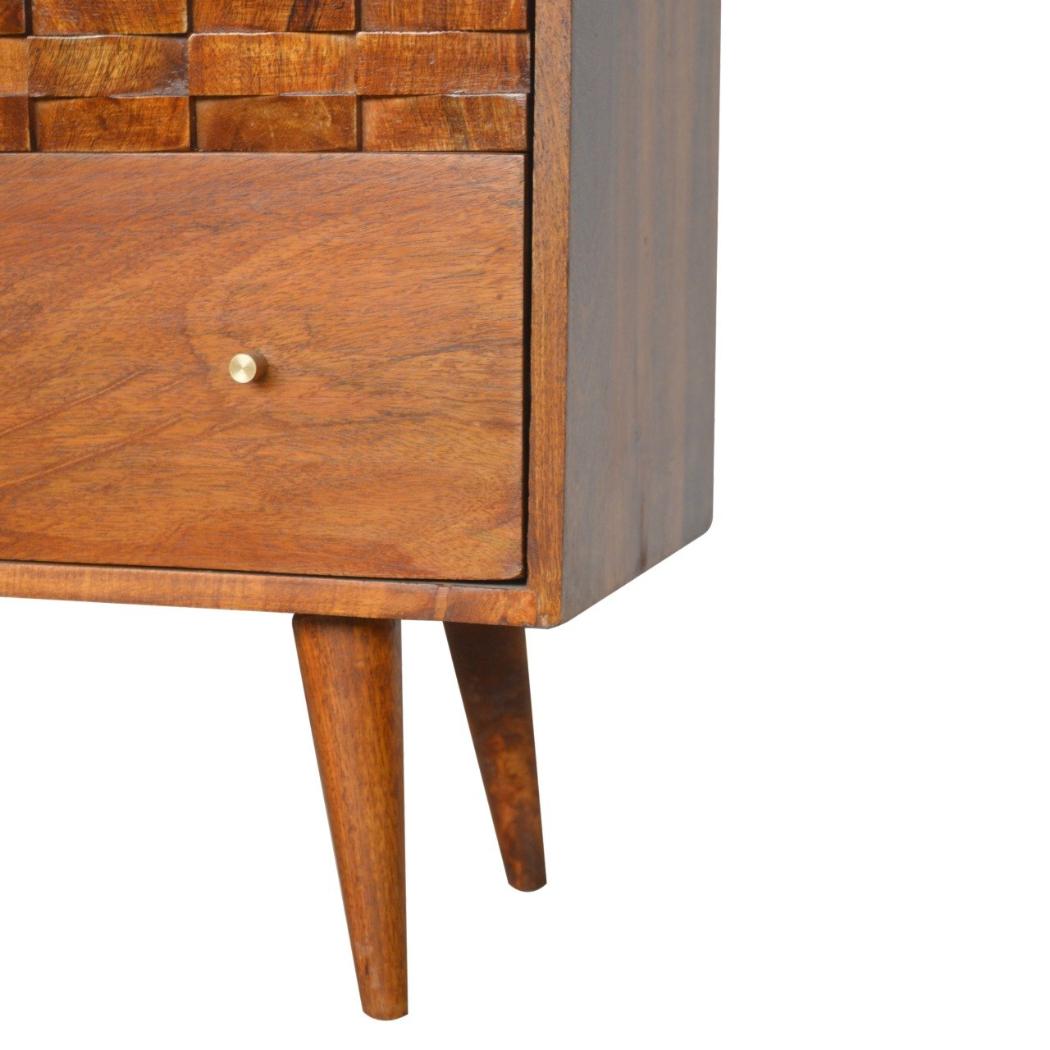 Tile Carved Storage Chest | Solid Mango Wood | Chestnut Finish | Artisan Drawer Cabinet
