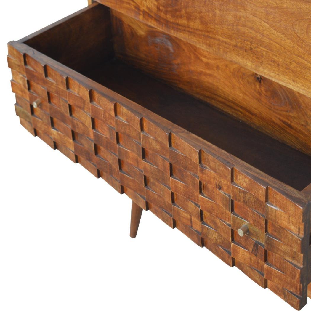 Tile Carved Storage Chest | Solid Mango Wood | Chestnut Finish | Artisan Drawer Cabinet