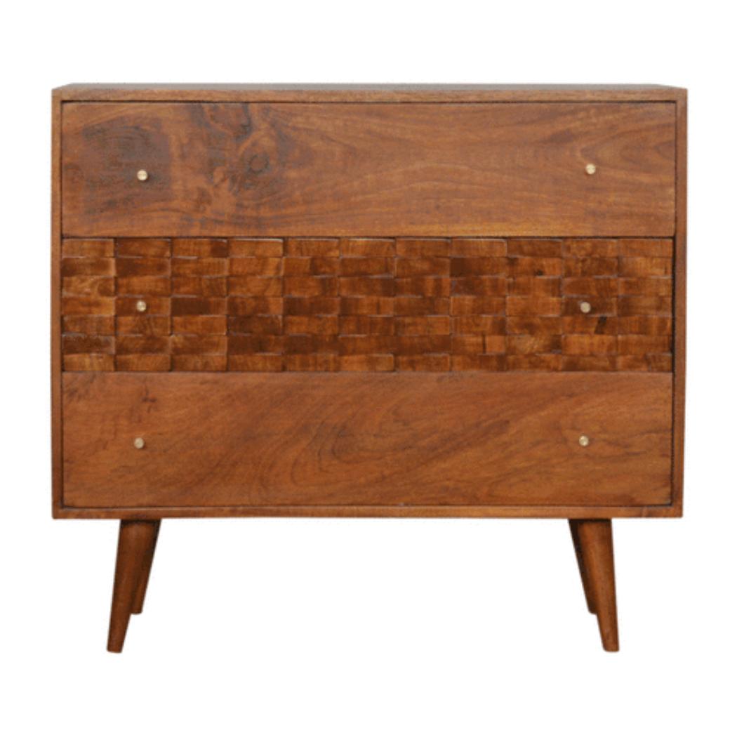 Tile Carved Storage Chest | Solid Mango Wood | Chestnut Finish | Artisan Drawer Cabinet