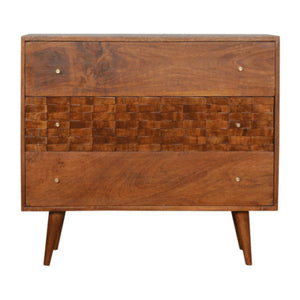 Tile Carved Storage Chest | Solid Mango Wood | Chestnut Finish | Artisan Drawer Cabinet