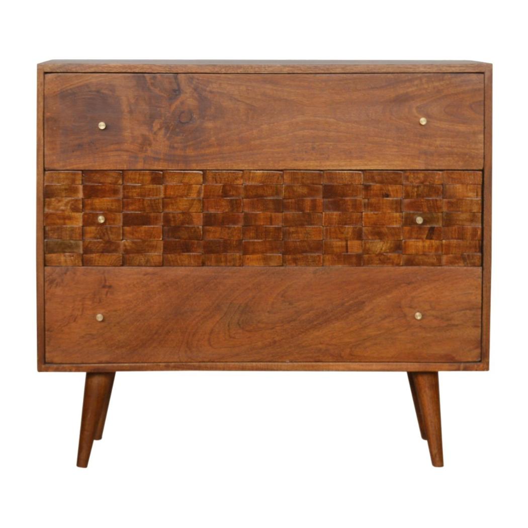 Tile Carved Storage Chest | Solid Mango Wood | Chestnut Finish | Artisan Drawer Cabinet
