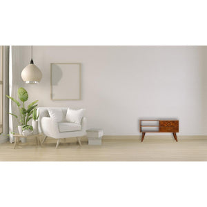 Tile Carved TV Unit | Solid Mango Wood | Chestnut Finish | Media Storage Console