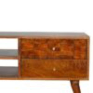Tile Carved TV Unit | Solid Mango Wood | Chestnut Finish | Media Storage Console