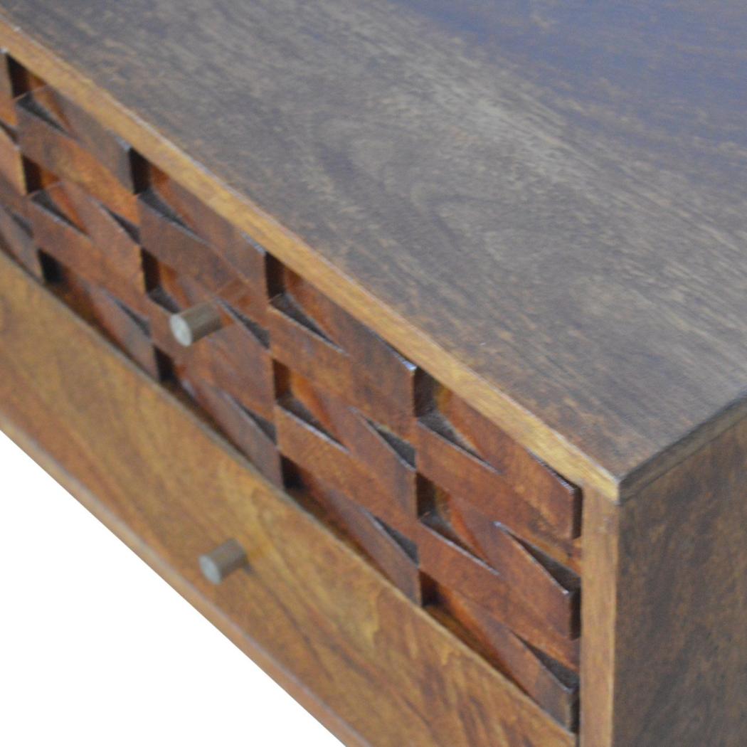 Tile Carved TV Unit | Solid Mango Wood | Chestnut Finish | Media Storage Console