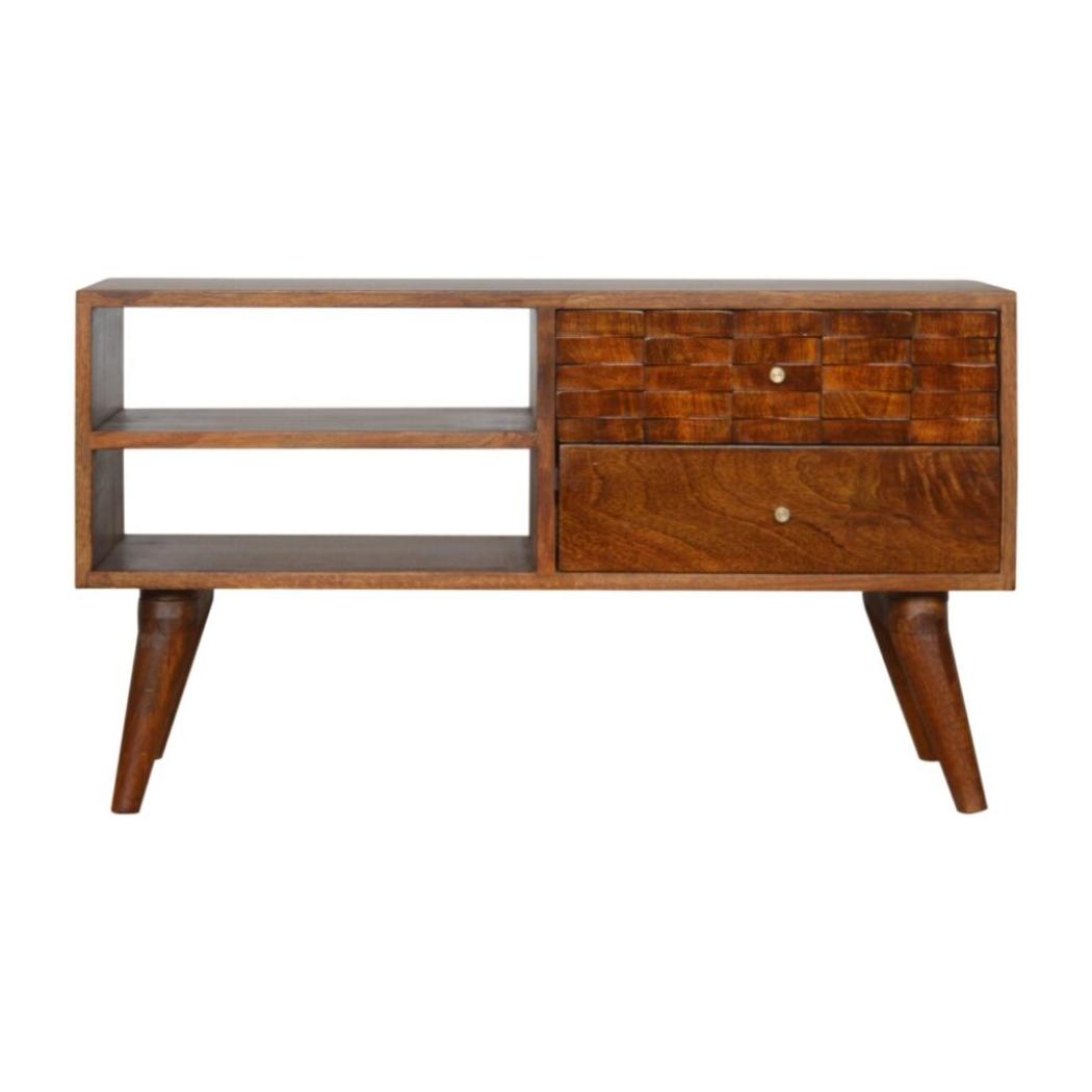 Tile Carved TV Unit | Solid Mango Wood | Chestnut Finish | Media Storage Console
