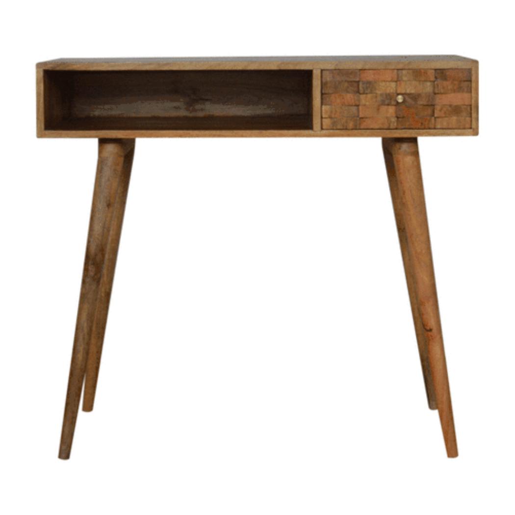 Tile Carved Writing Desk | Solid Mango Wood | Open Storage Slot | Artisan Office Table