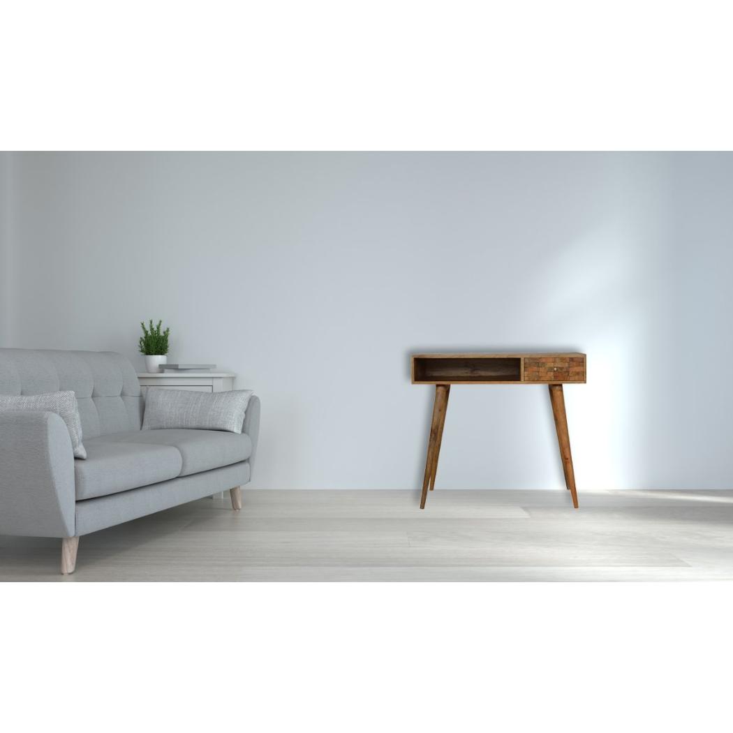 Tile Carved Writing Desk | Solid Mango Wood | Open Storage Slot | Artisan Office Table
