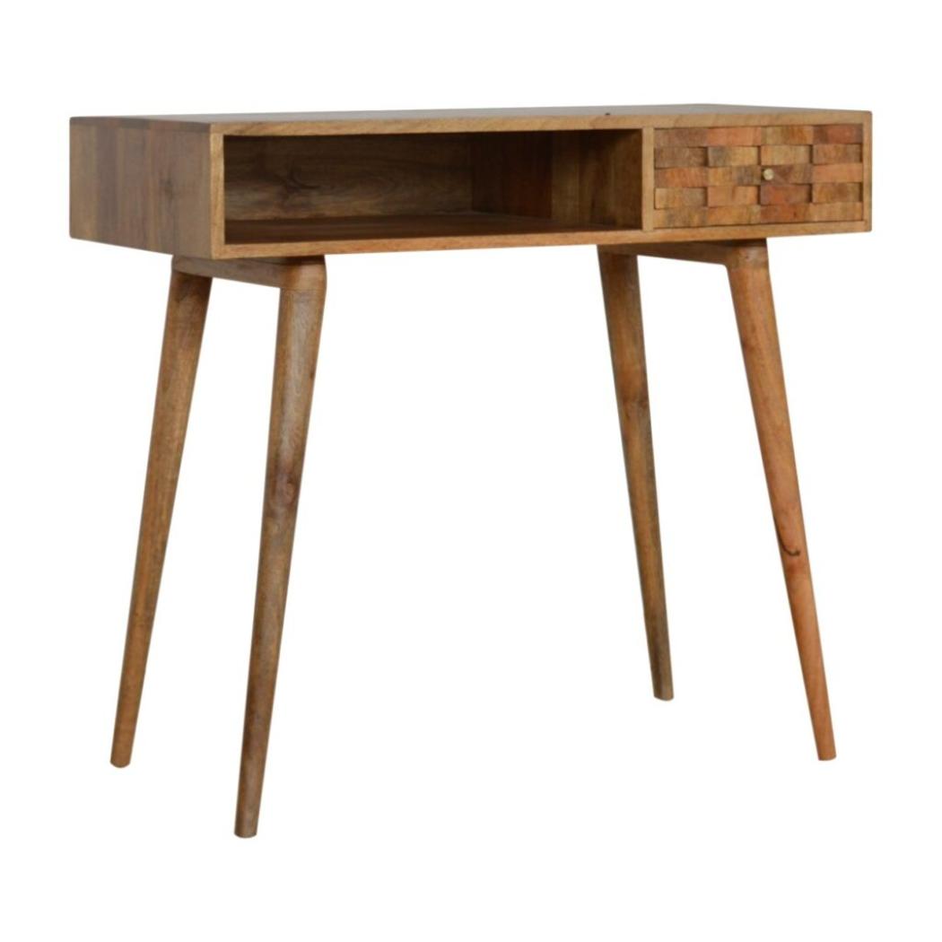 Tile Carved Writing Desk | Solid Mango Wood | Open Storage Slot | Artisan Office Table