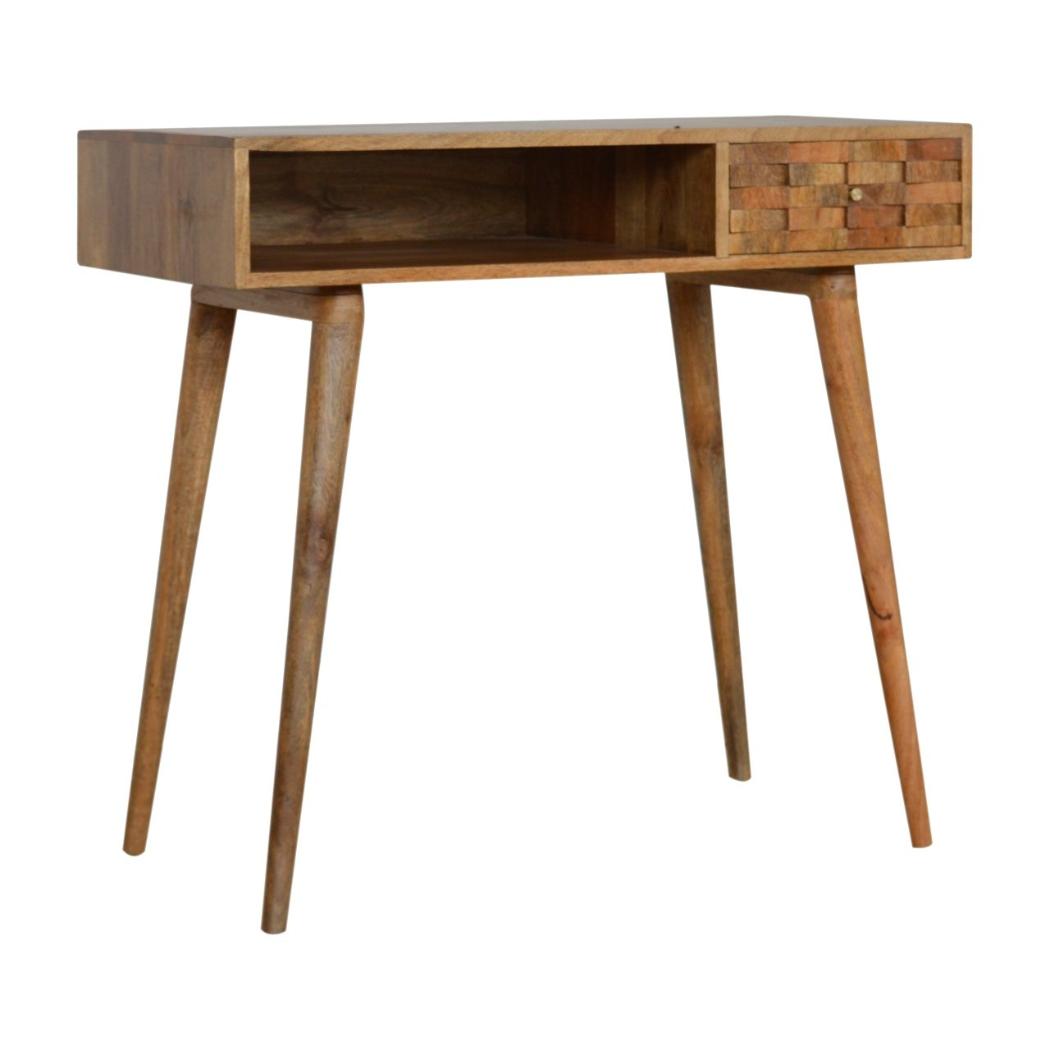 Tile Carved Writing Desk | Solid Mango Wood | Open Storage Slot | Artisan Office Table