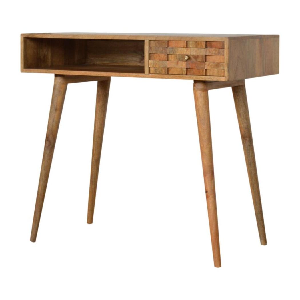 Tile Carved Writing Desk | Solid Mango Wood | Open Storage Slot | Artisan Office Table