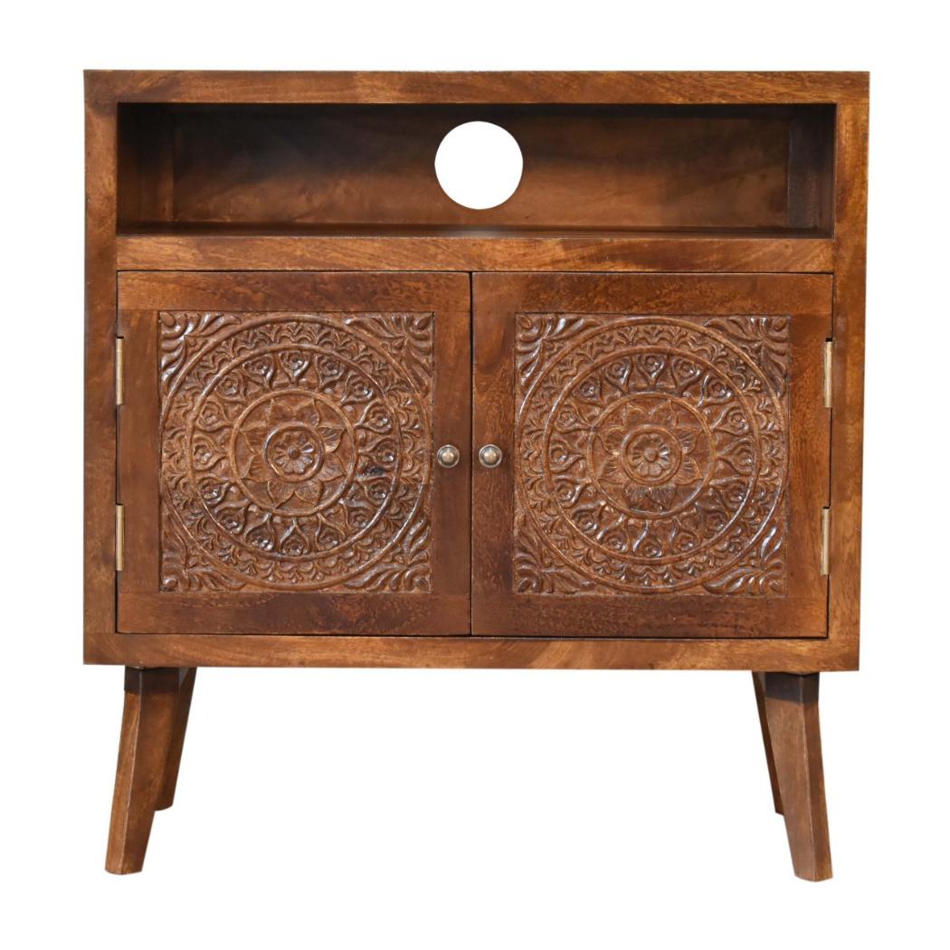 Tova Open Shelf Cabinet | Solid Mango Wood | Chestnut Finish | Patterned Doors