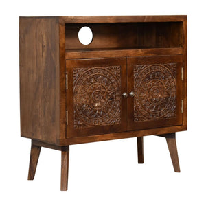 Tova Open Shelf Cabinet | Solid Mango Wood | Chestnut Finish | Patterned Doors
