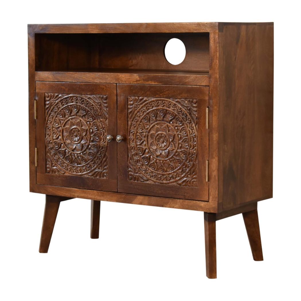 Tova Open Shelf Cabinet | Solid Mango Wood | Chestnut Finish | Patterned Doors