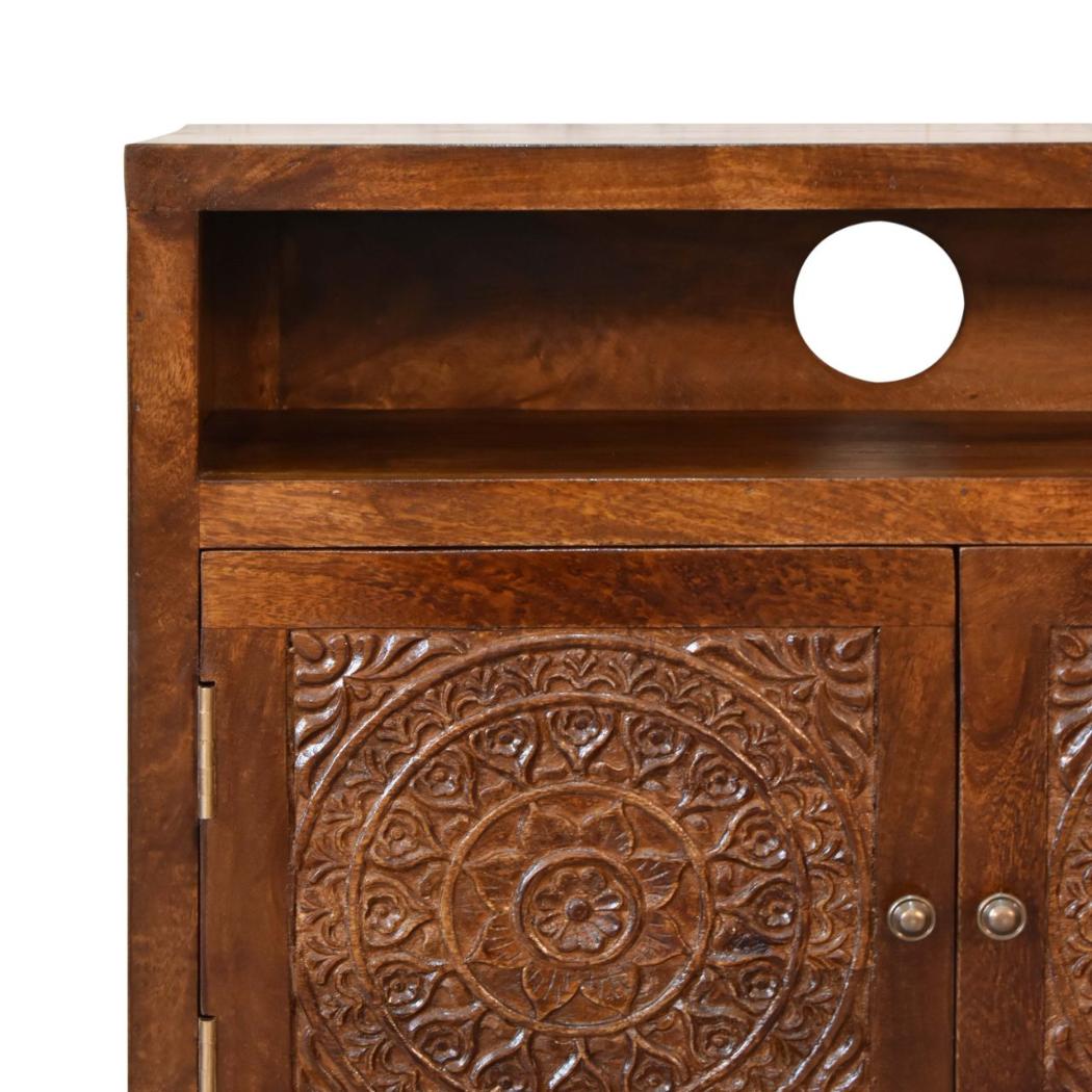 Tova Open Shelf Cabinet | Solid Mango Wood | Chestnut Finish | Patterned Doors