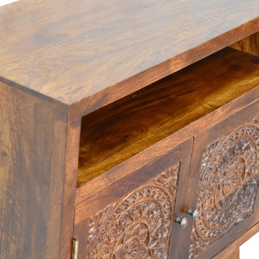 Tova Open Shelf Cabinet | Solid Mango Wood | Chestnut Finish | Patterned Doors